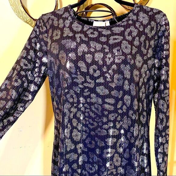 MICHAEL KORS BLACK & SILVER METALLIC LEOPARD PRINT SHIFT DRESS L NWT - Picture 1 of 16